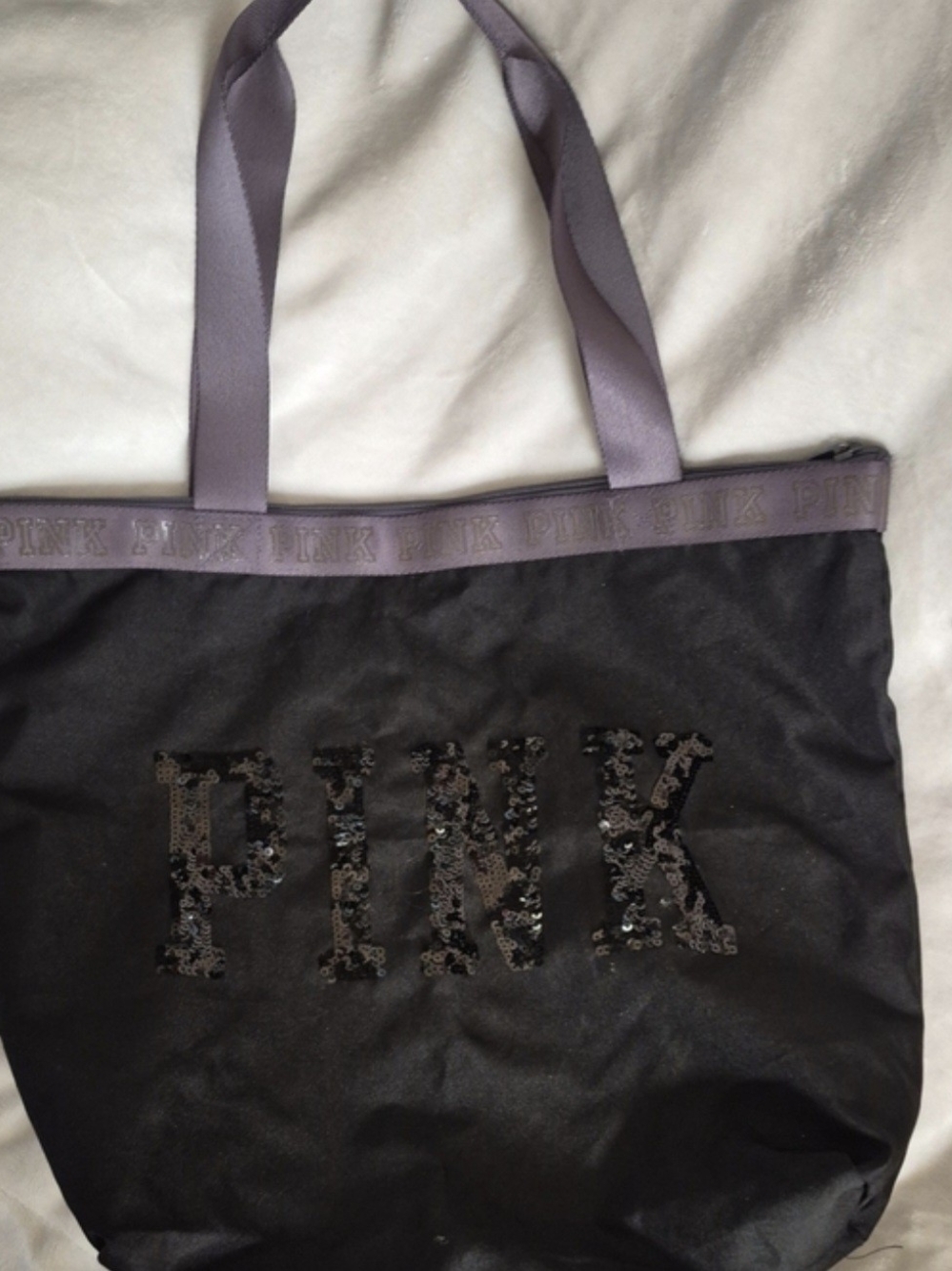 PINK Victoria's Secret Black Tote with Lavender Trim and Sequin Logo
